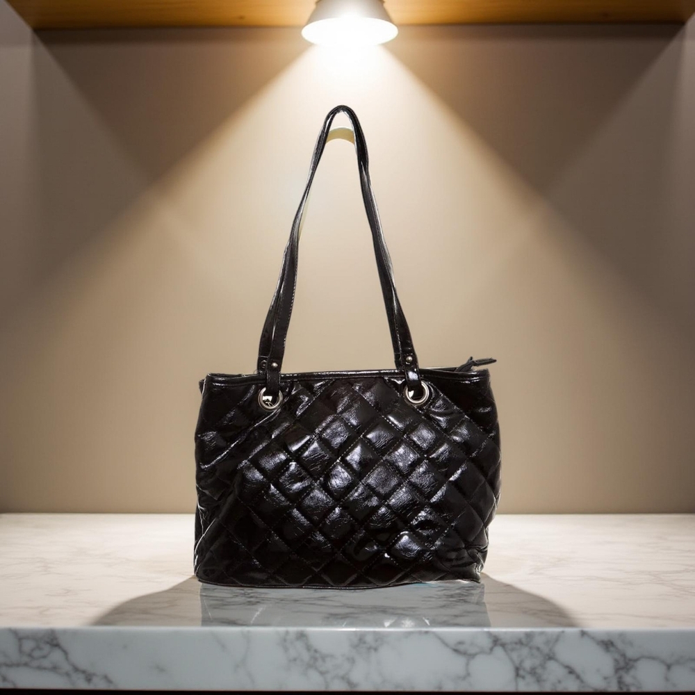 Tina Black Quilted Tote Bag with a glossy finish